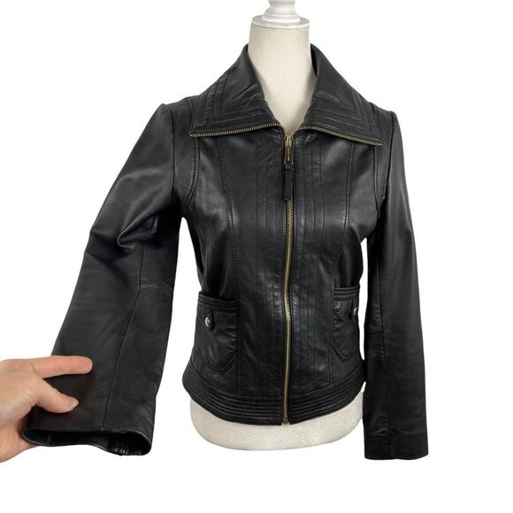 Michael Kors Missy Wing Collar Black Leather Moto Jacket Size XS $695 - Picture 5 of 16